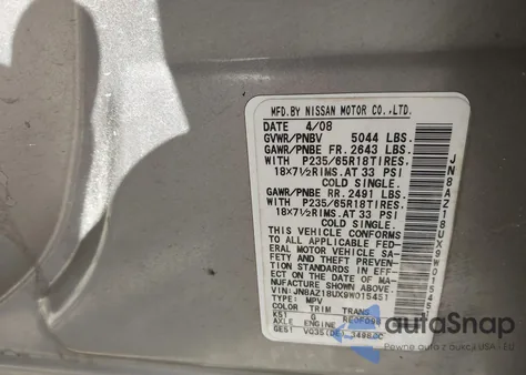 2009 Nissan Murano Sl z USA, uszkodzony, nr VIN JN8AZ18W29W207089